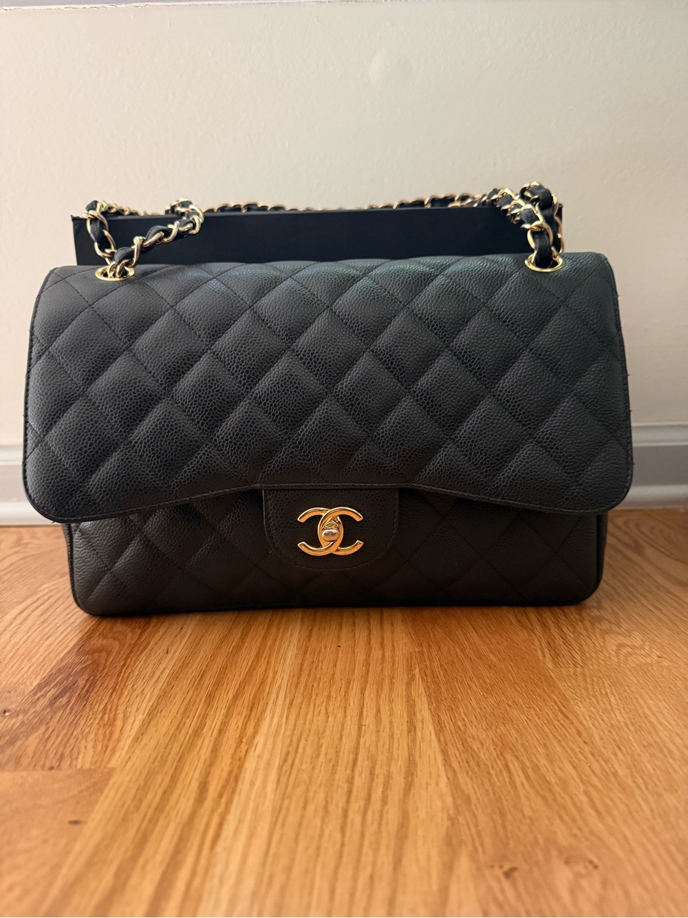 CHANEL Black Quilted Double Flap Shoulder Bag with Gold Hardware